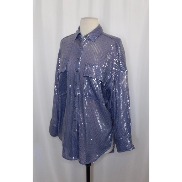 Anthropologie PILCRO Long-Sleeve Oversized Sequin Buttondown Blue Button Up XS - Picture 7 of 16